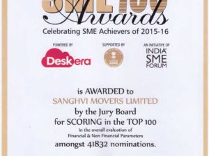 Sanghvi Movers Limited has been awarded for scoring in the Top 100 SME of INDIA 2017